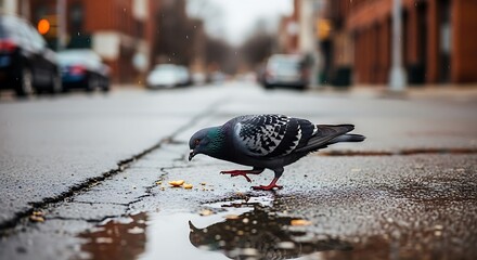 Pigeon eating in city street.
