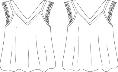 Sleeveless camisole sketch, V-neck design, lace strap detail, pleated front, fashion illustration, garment template, clothing vector, stylish top drawing
