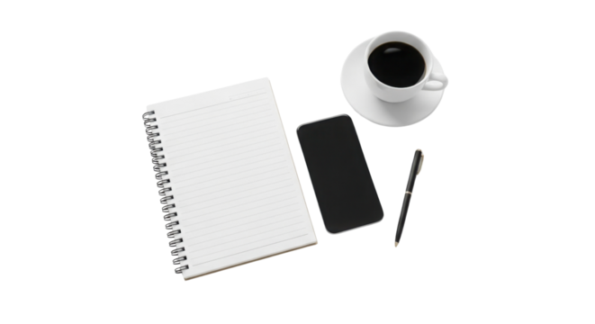 Notepad, smartphone, pen and coffee cup isolated PNG with Transparent Background