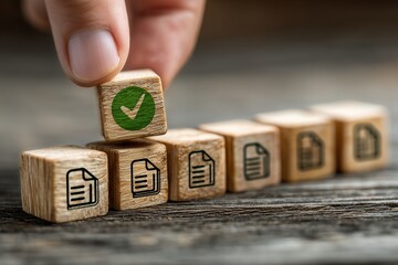 Digital document approval and digital management system(DMS) concept with wooden cubes, icons, and green check mark symbolizing workflow automation and security.