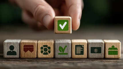 Digital document approval and digital management system(DMS) concept with wooden cubes, icons, and green check mark symbolizing workflow automation and security.