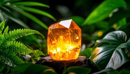 Glowing Crystal in Lush Greenery Environment