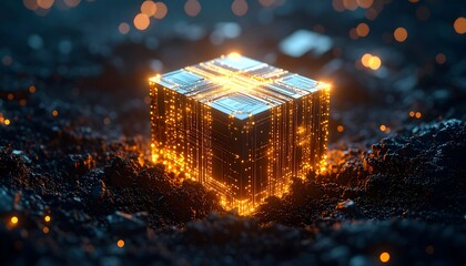 Glowing Cube with Digital Lines on Dark Ground
