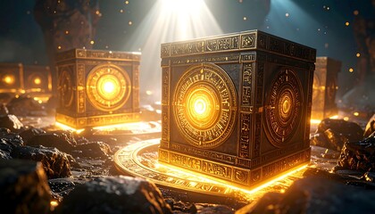 Glowing Cubes in Ancient Setting with Bright Light and Details