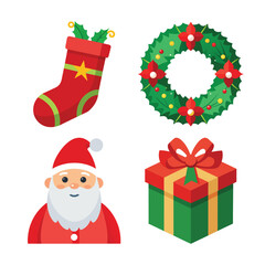 Christmas Icons Set with Santa Wreath Stocking and Gift Box