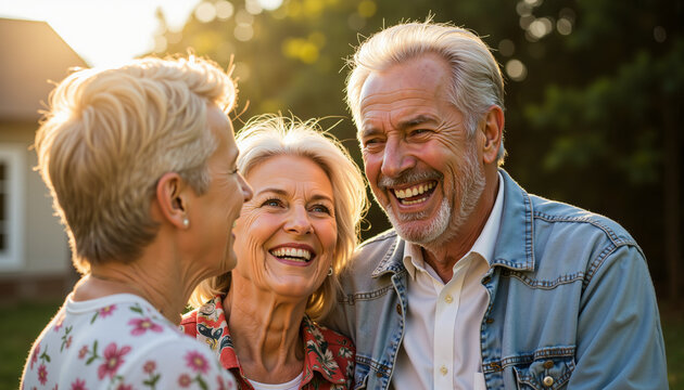Elderly people laughing together in the sunset at outdoor gathering   - Powered by Adobe