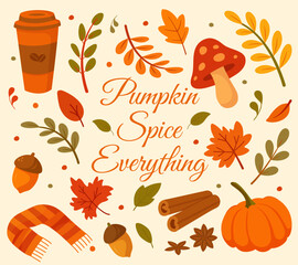 Pumpkin Spice Everything Autumn Illustration with Coffee Cup, Pumpkin, Leaves and Seasonal Elementsж