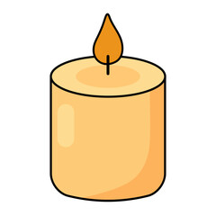 Minimal flat illustration of burning candle with yellow flame, cozy decorative symbol on white background