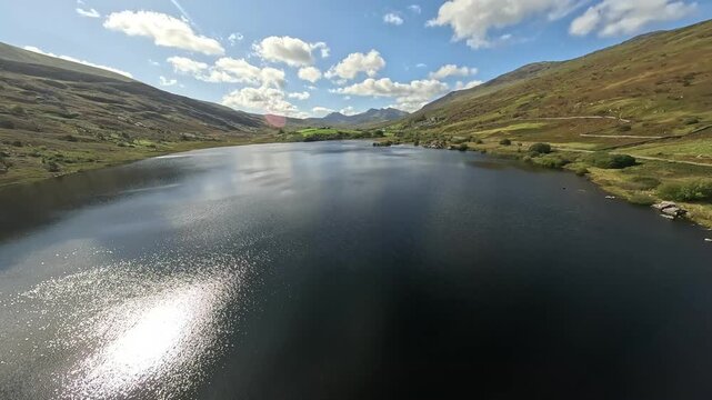 Mid Flight Over Capel Curig Lake and Mountains, Wales
