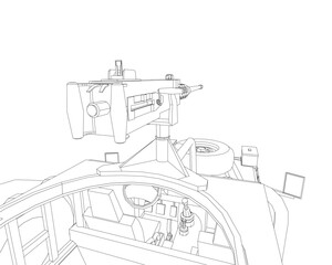 Military vehicle with a machine gun mounted on its roof, featuring black line art on a white background. This coloring page includes detailed wheels, a robust body, and a visible driver cabin.