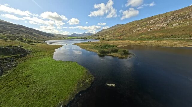High Drone Flight Over Capel Curig Mountains and Village, Wales