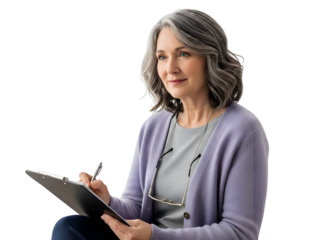 Mature Woman Counselor Writing Notes Mental Health Professional Therapist Taking Notes on Client Experience Healthcare Professionalism Medical