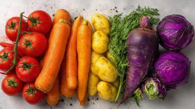 Red tomatoes, orange carrots, yellow potatoes, dill, purple carrots, and purple cabbage arranged in a row.