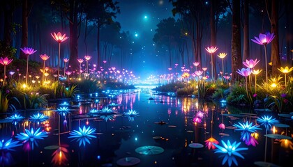 Glowing Flowers in Magical Forest Reflecting in Calm Water at Night