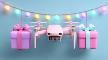 Christmas drone carrying wrapped gifts with colorful bows on pastel background  