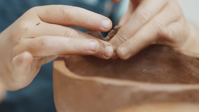 Girl learns pottery and shapes the clay in the pottery workshop during masterclass