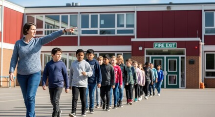 Fototapeta premium A teacher leading a group of students in a line outside a school building.