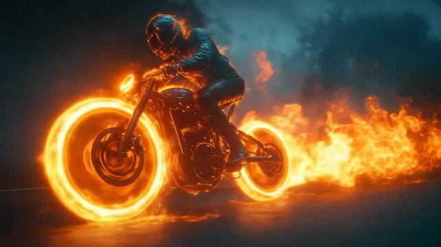 Fiery Motorcycle Rider Speeds Through The Dark Night.