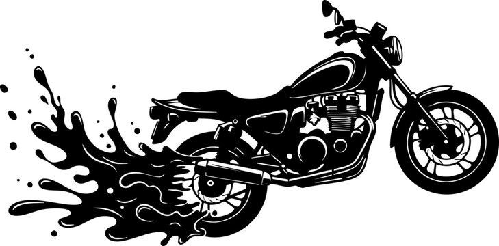 Dynamic motorcycle blasting forward leaving a trail of black ink splashes in an energetic motion blur effect