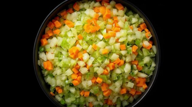 Diced carrots, celery, and onions in a pot.