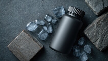 Dark bottle and ice cubes on a slate surface