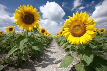 A breathtaking field of sunflowers basking under a bright blue sky surrounded by fluffy clouds showcasing the beauty of nature and the symbolism of happiness in a vibrant landscape