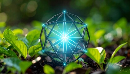 Glowing Geometric Structure in Nature Surrounded by Greenery