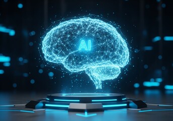 Digital glowing AI brain made of neural network lines and nodes, floating above a futuristic platform, dark background with blue cyber glow