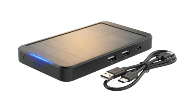 Solar power bank charger with USB cable isolated PNG with Transparent Background