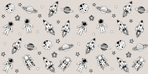 Obraz premium Whimsical hand drawn space pattern featuring astronauts rockets planets and stars on a neutral background