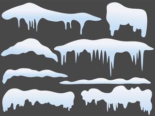 Set of various snowdrifts and hanging ice formations with a soft blue tint