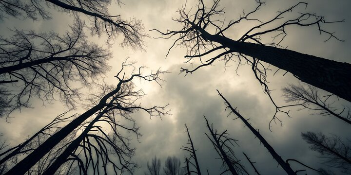 Tall, bare trees reach towards a stormy, overcast sky; low-angle perspective, desaturated colors, creating a bleak, ominous, and desolate atmosphere.
