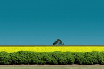 Breathtaking landscape showcasing a vibrant yellow field of blooming flowers against a rich turquoise sky with a solitary tree accentuating nature's beauty and serene elegance