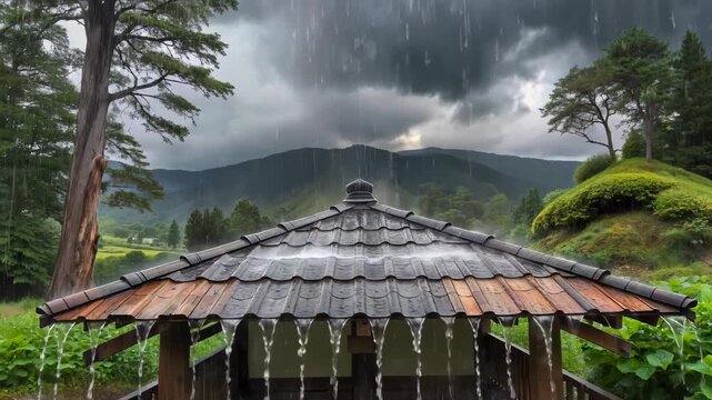 there is a small wooden gazebo with a rain shower coming out of it
