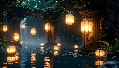 Glowing Lanterns Reflecting on Water in a Serene Garden Setting