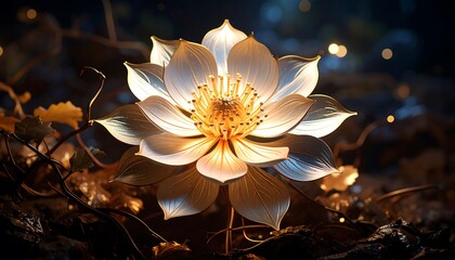 Glowing Lotus Flower in Nature with Warm Light and Dark Background