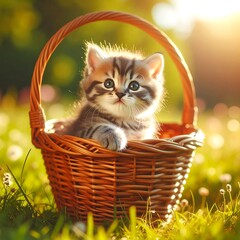 A small, fluffy kitten sits inside a woven basket outdoors in a sunny field