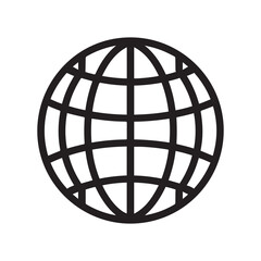 Black and White Globe Icon with Grid Lines on Isolated Background