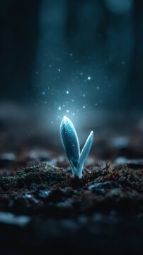 Fototapeta Mystical Growth: A luminous sprout emerges from the earth, symbolizing the potential of life, resilience, and the magic of new beginnings. A stunning visual for themes of growth, renewal.