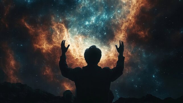 Man praying in the sky with hands raised, symbolizing religious devotion and spirituality, Generative AI