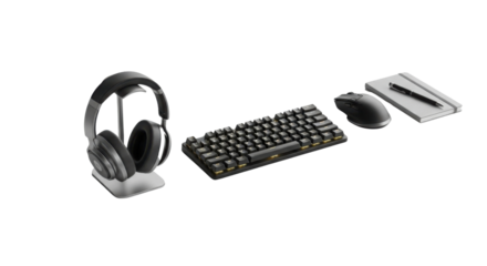 Gaming headphones, keyboard, mouse and notebook for content creator isolated PNG with Transparent Background