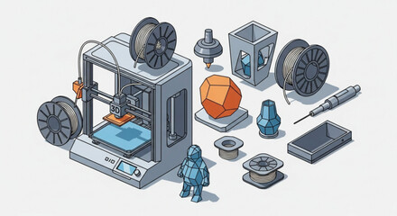 Isometric illustration of a 3d printer with filament spools and various printed objects on a white background