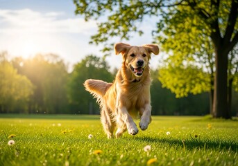 Excited Golden Retriever Dog Running and Leaping on a Sunny Spring Meadow