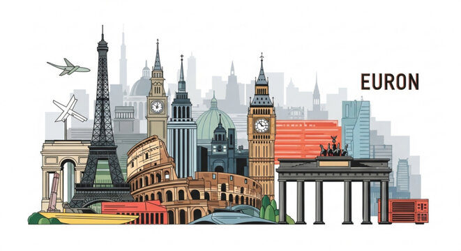 Illustration of european landmarks including eiffel tower and big ben with airplanes and modern architecture