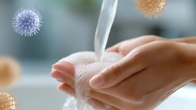 Hand washing to prevent virus and germ spread with clean water and soap bubbles