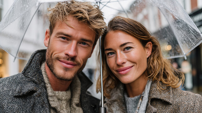Portrait of happy young couple standing under umbrella in rainy day in city - Powered by Adobe