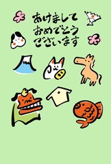 筆書きの馬と正月のゆるくてかわいい和風年賀状　2026 富士山・招き猫・獅子舞