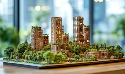 Fototapeta premium Planning for sustainable urban architecture, with models of eco-friendly buildings and green construction methods, Generative AI