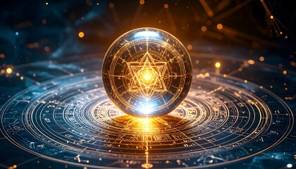Glowing Orb and Detailed Geometric Designs Against Dark Background