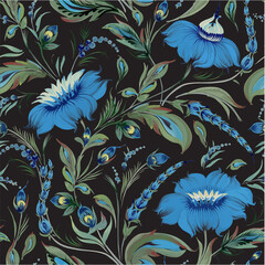 Vector floral seamless pattern of ornate flowers and leaves on a black background